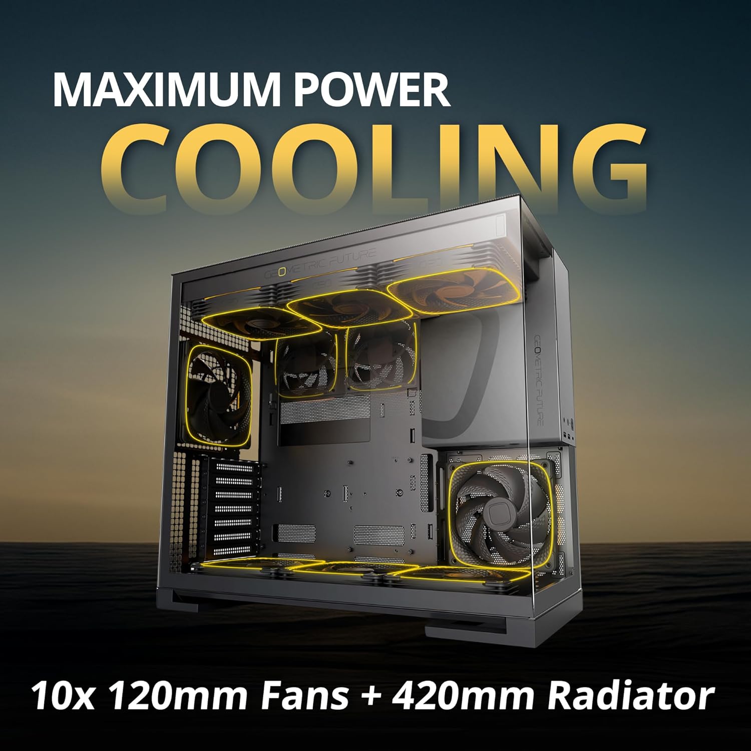 Geometric Future M5 Tempered Glass Mid Tower, E-ATX/ATX Gaming Case, 1.2mm Steel, Type C, Toolless Panels, Support 420/360 Radiator, ARGB PWM 140m Fan x 5 Pre-Installed, Black/Grey - كيس