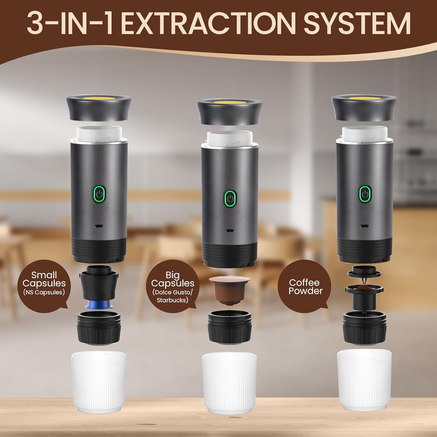 Electric Espresso Machine, 3 In 1 Portable Coffee Maker for Travel for Ground Coffee & Large Capsules, Small Capsules - صانعة قهوى محمولة