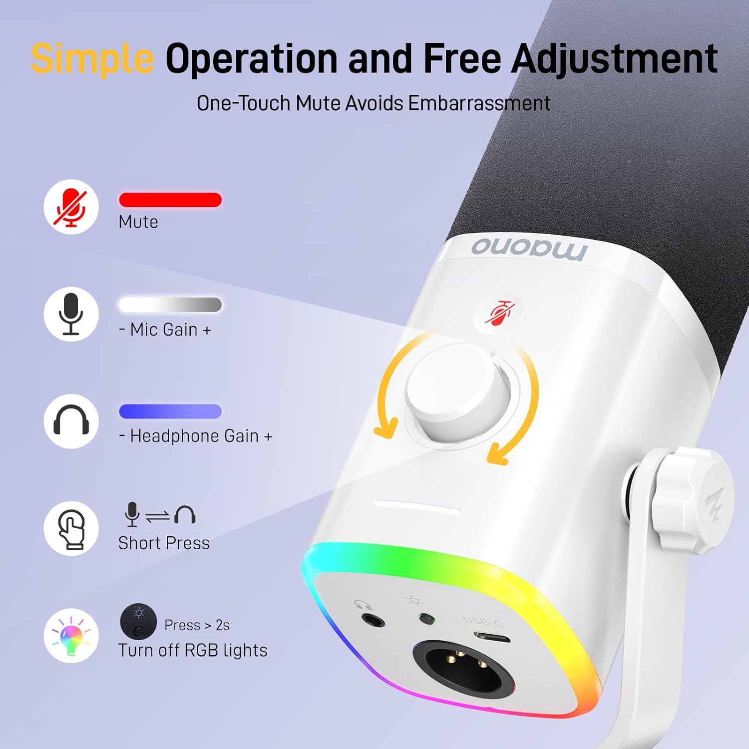 MAONO Dynamic Gaming Microphone: USB XLR Dynamic Computer Microphone with Software-RGB PC Mic for Gamer-Podcast Mic for Streaming Recording Studio YouTube Content Creation Online Chat PD100X (White) - مايك أبيض