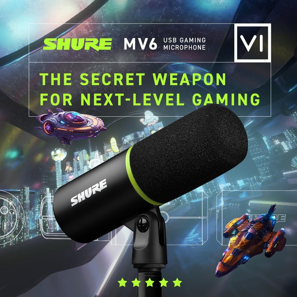 Shure MV6 Gaming Microphone – Black Dynamic USB Mic for Gaming, Streaming & Content Creation - مايك أحترافي