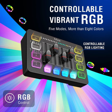 خلاط صوت للألعاب FIFINE AmpliGame SC3، خلاط كمبيوتر شخصي RGB مع واجهة ميكروفون XLR، تحكم فردي، مؤشر مستوى الصوت، زر كتم الصوت، للبث الصوتي/التسجيل/الغناء/صوت اللعبة - مكسر صوت