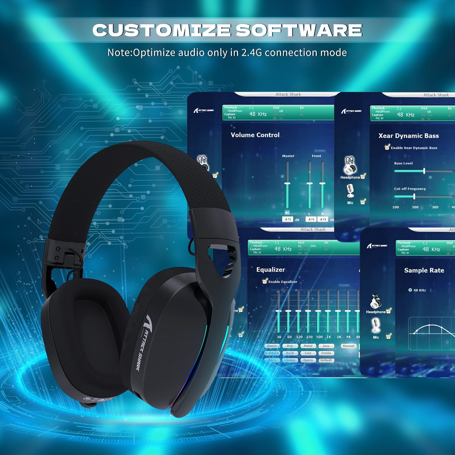 ATTACK SHARK L90 Ultra-Light Wireless Headset,RGB,Foldable,Triple- Mode-2.4Ghz/Bluetooth/Wired Gaming Headphone with mic,40mm Driver,7.1 Surround Sound,for Xbox/PS4/PS5/PC Customize via Software-Black - سماعة قيمنق وايرليس