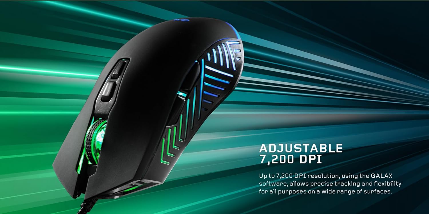 Galax Slider-03 USB Wired Gaming Mouse RGB, 7 Programmable Buttons, 7200 DPI, Light Weight - Black - موس ألعاب