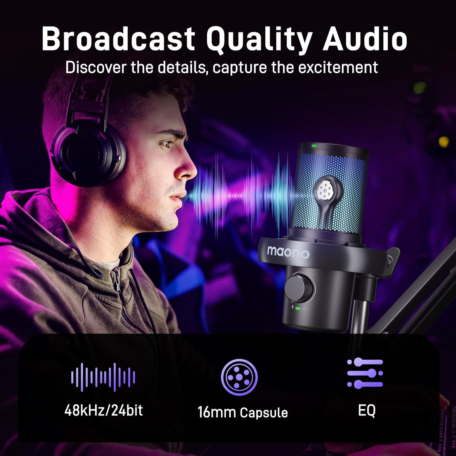 MAONO DM40 Pro wireless RGB Microphone With AI, Noise Cancellation, for Sony, Twitch, YouTube - Black - مايكروفون لاسلكي
