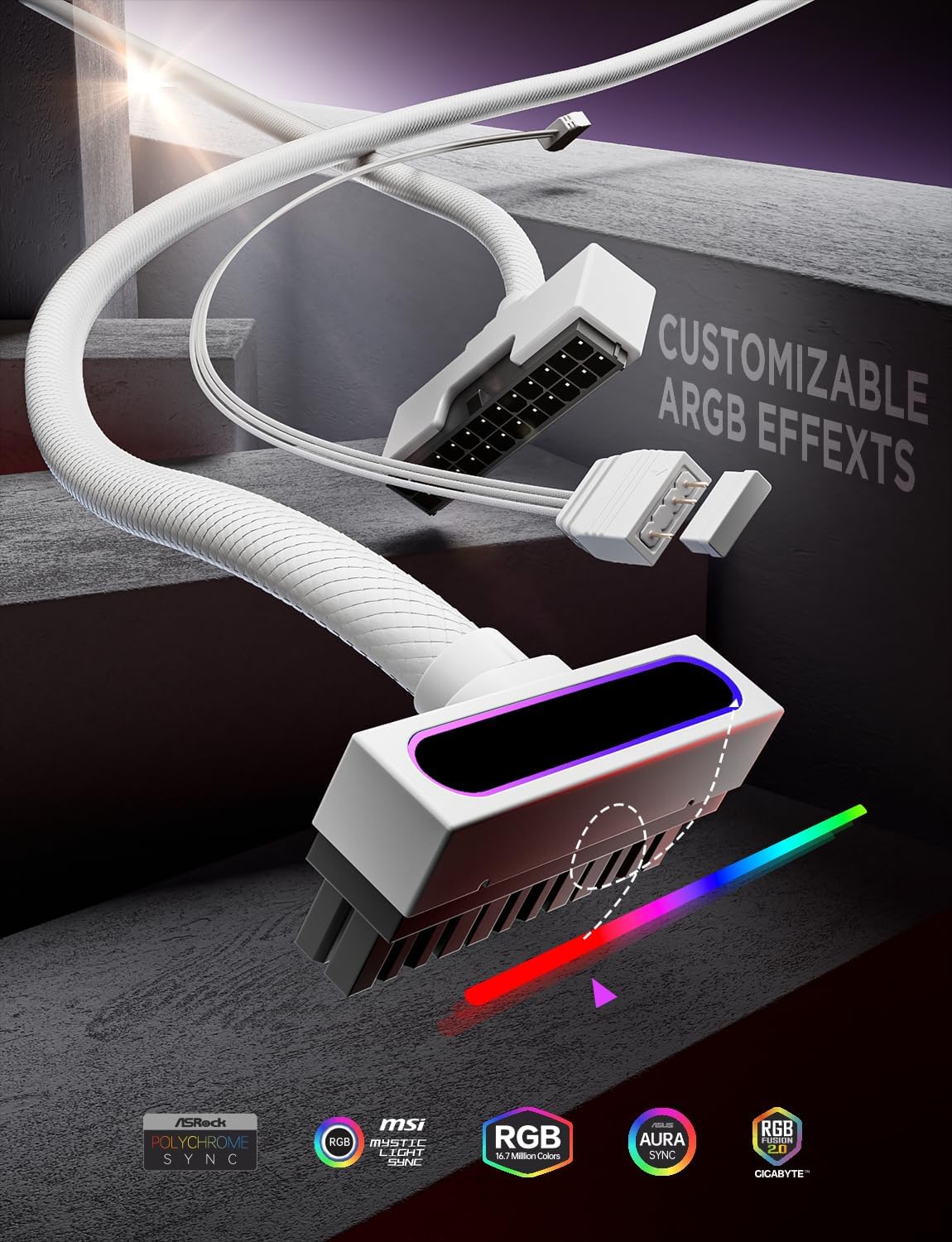 WJCOOLMAN Hydrus 24PIN ARGB Motherboard Extension Cable 30mm White - كيبل أبيض مضيء