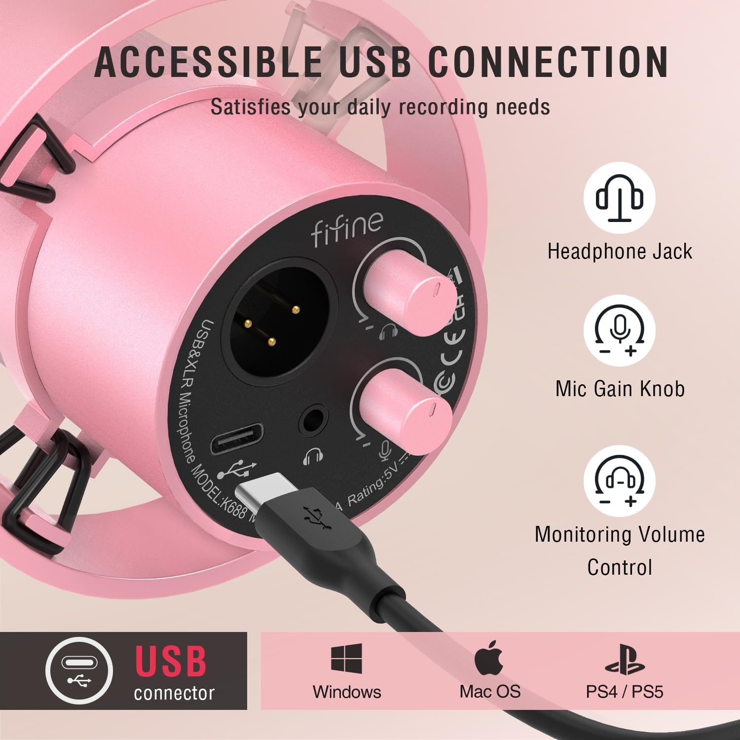 FIFINE XLR/USB Dynamic Microphone, Studio XLR Vocal Podcast Microphone for Recording, USB Streaming Mic with Mute Button, Gain Knob, Headphones Monitoring for Voice-Over, Video-Amplitank K688 Pink - مايك وردي