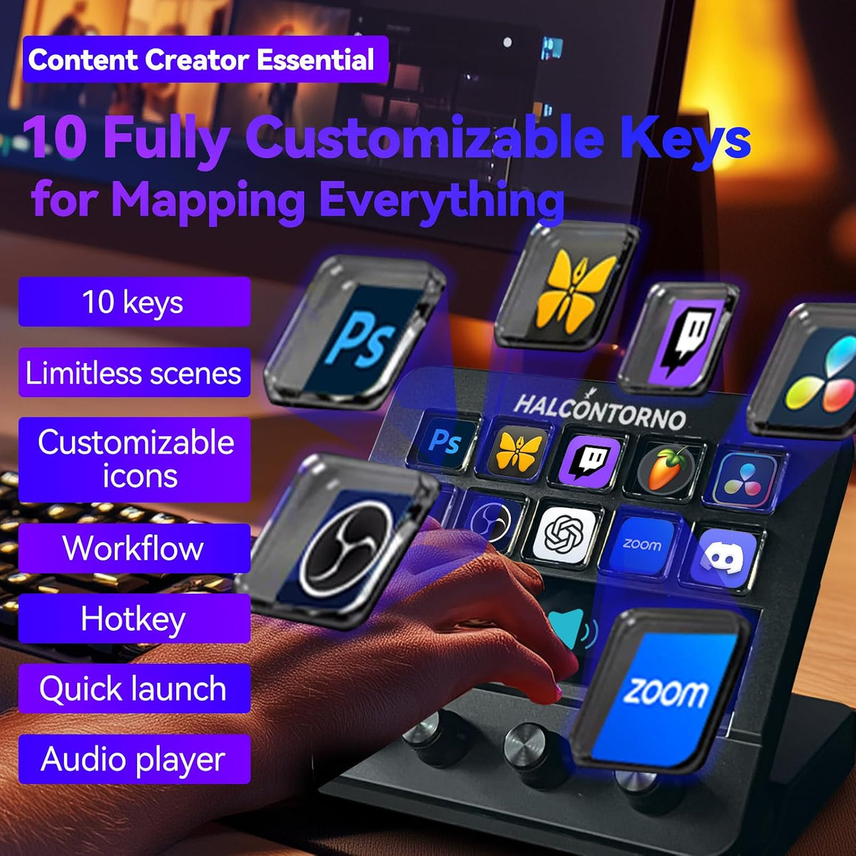 MiraBox N4 Stream Dock Black – 10 Customizable LCD Keys, 4 Rotary Knobs, Touch Screen, Live OBS Control & Visual Shortcuts (Mac/Win) - مكسر صوت و ستريمر