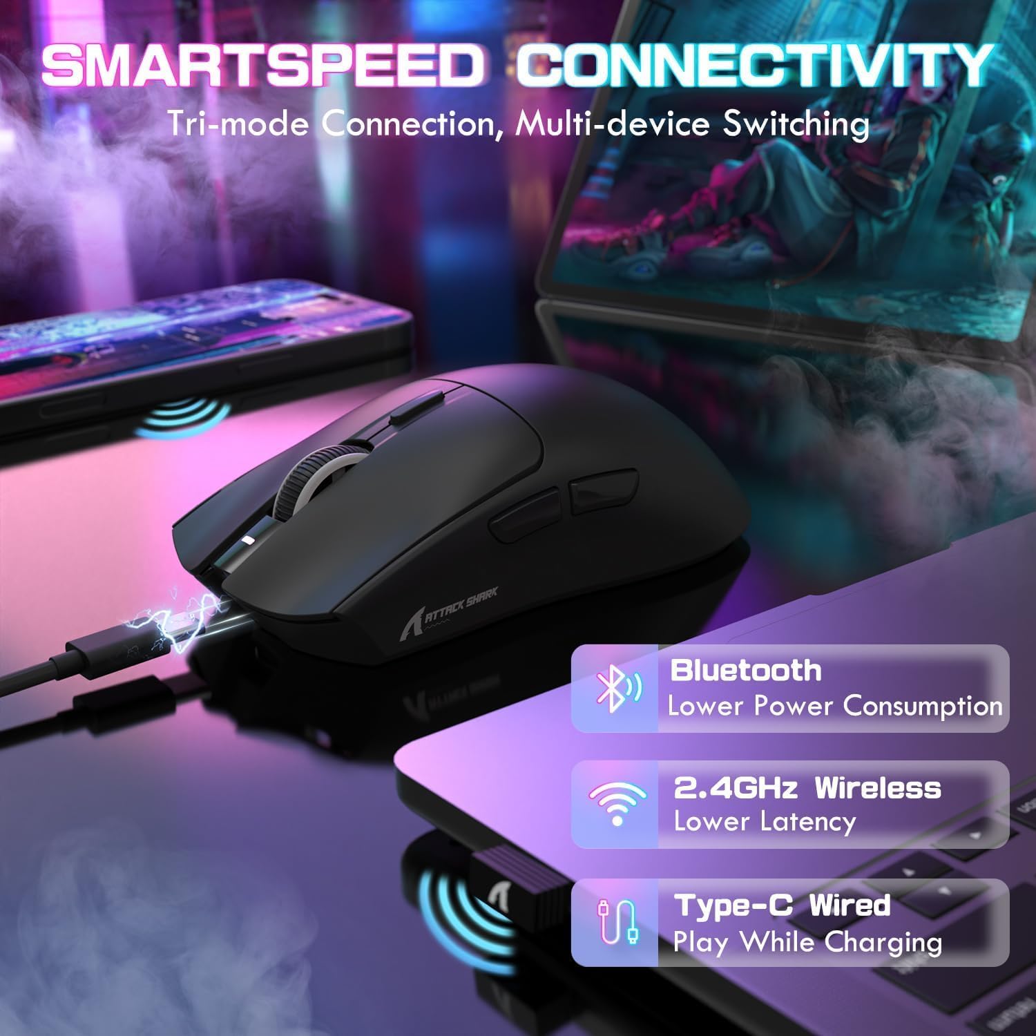 ATTACK SHARK X1 Tri-mode Gaming Mouse With Touchpad RGB Charging Dock Black - ماوس ممتاز مع شاحن بالبصمة