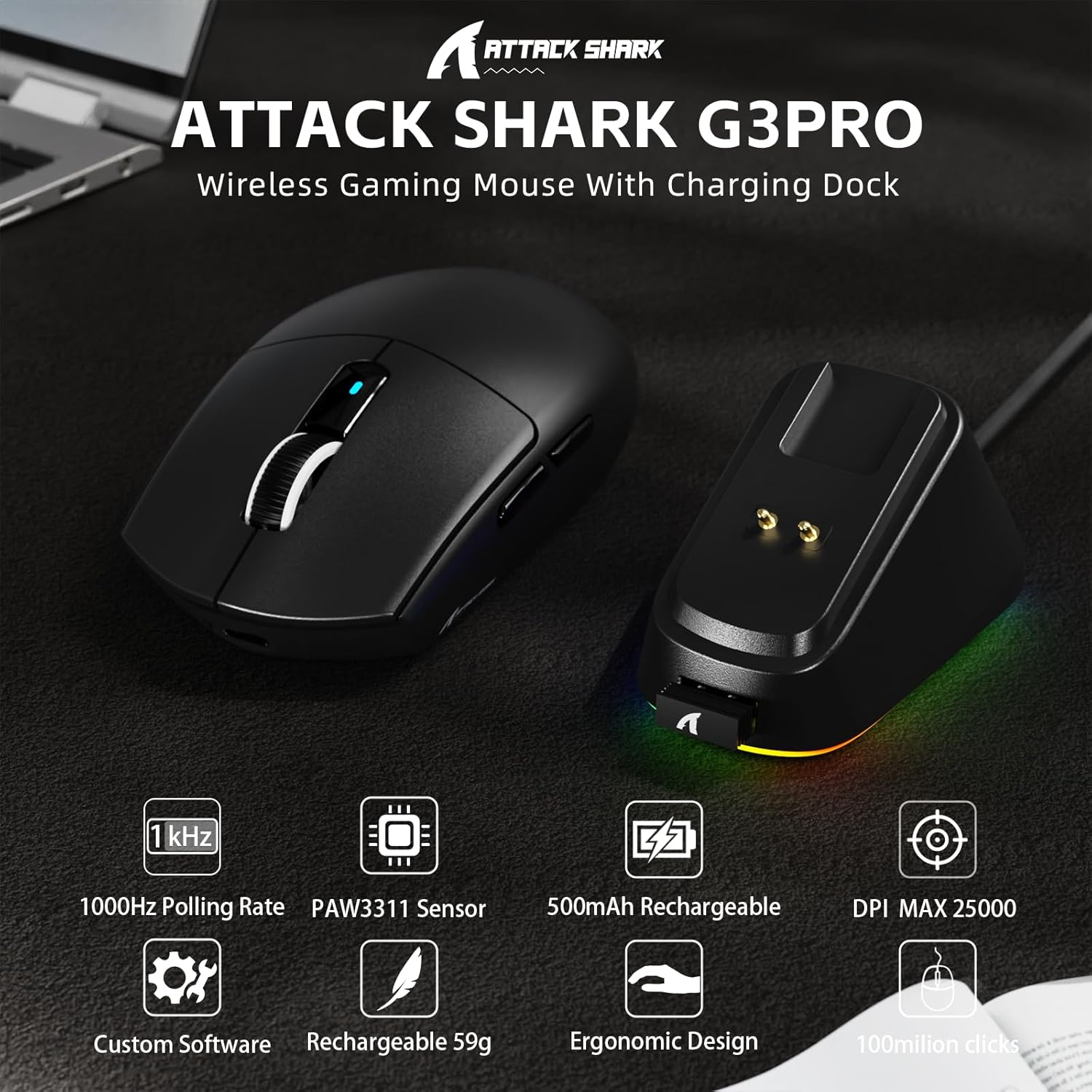 ATTACK SHARK G3PRO Tri-mode Wireless Gaming Mouse with RGB charge Dock Black - موس قيمنق