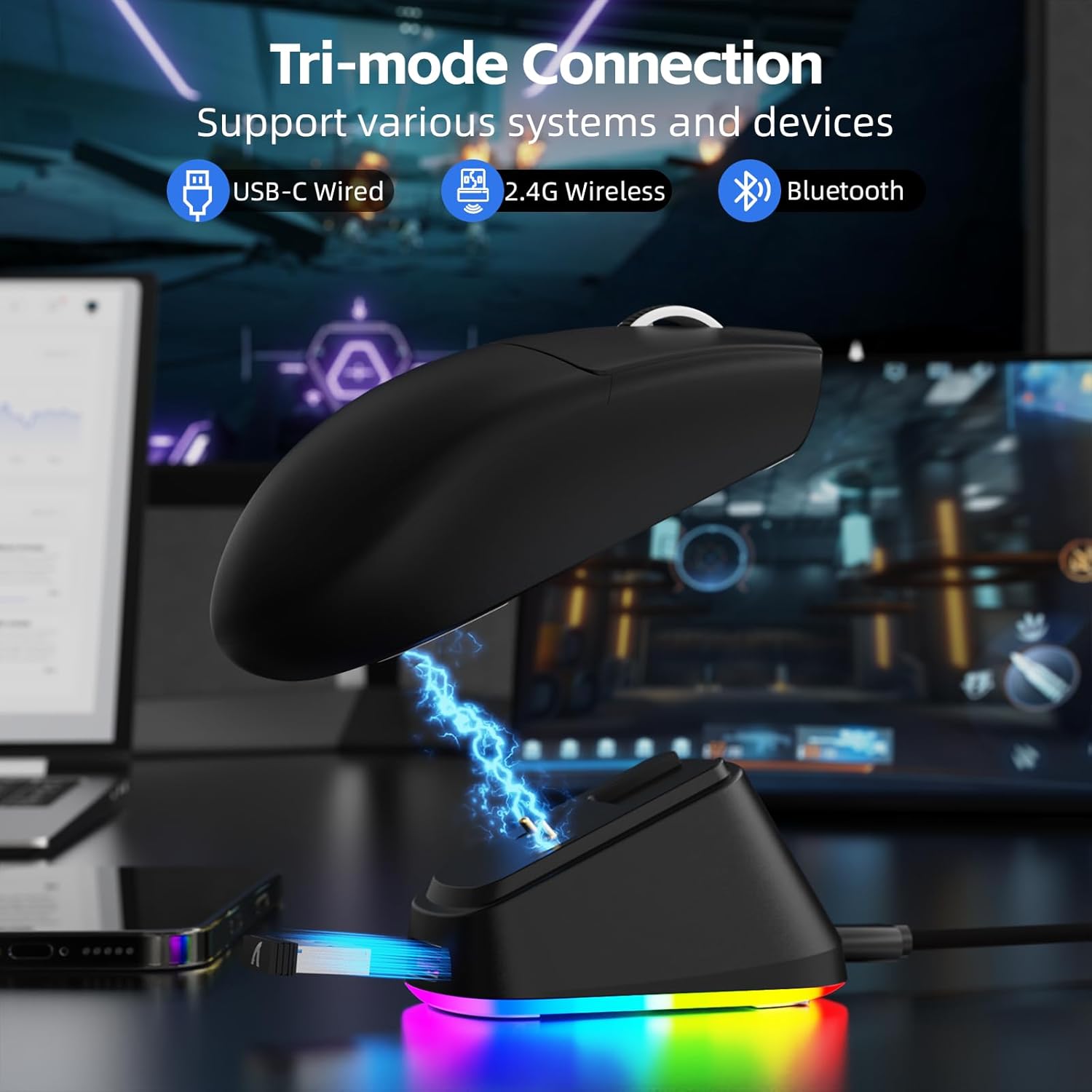 ATTACK SHARK G3PRO Tri-mode Wireless Gaming Mouse with RGB charge Dock Black - موس قيمنق