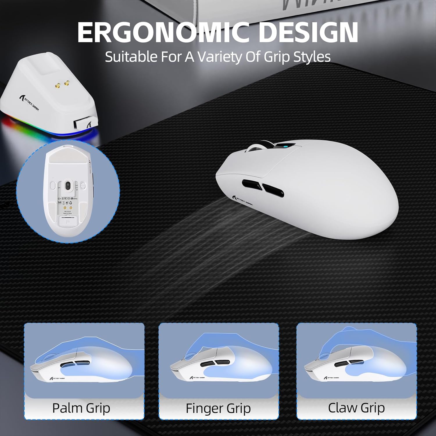 ATTACK SHARK G3PRO Tri-mode Wireless Gaming Mouse with RGB charge Dock White - موس قيمنق