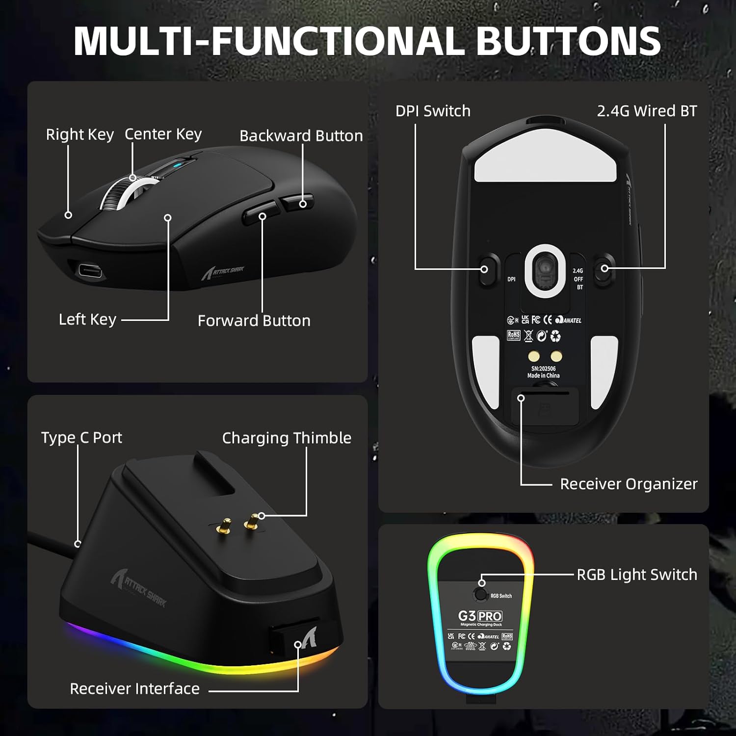 ATTACK SHARK G3PRO Tri-mode Wireless Gaming Mouse with RGB charge Dock Black - موس قيمنق
