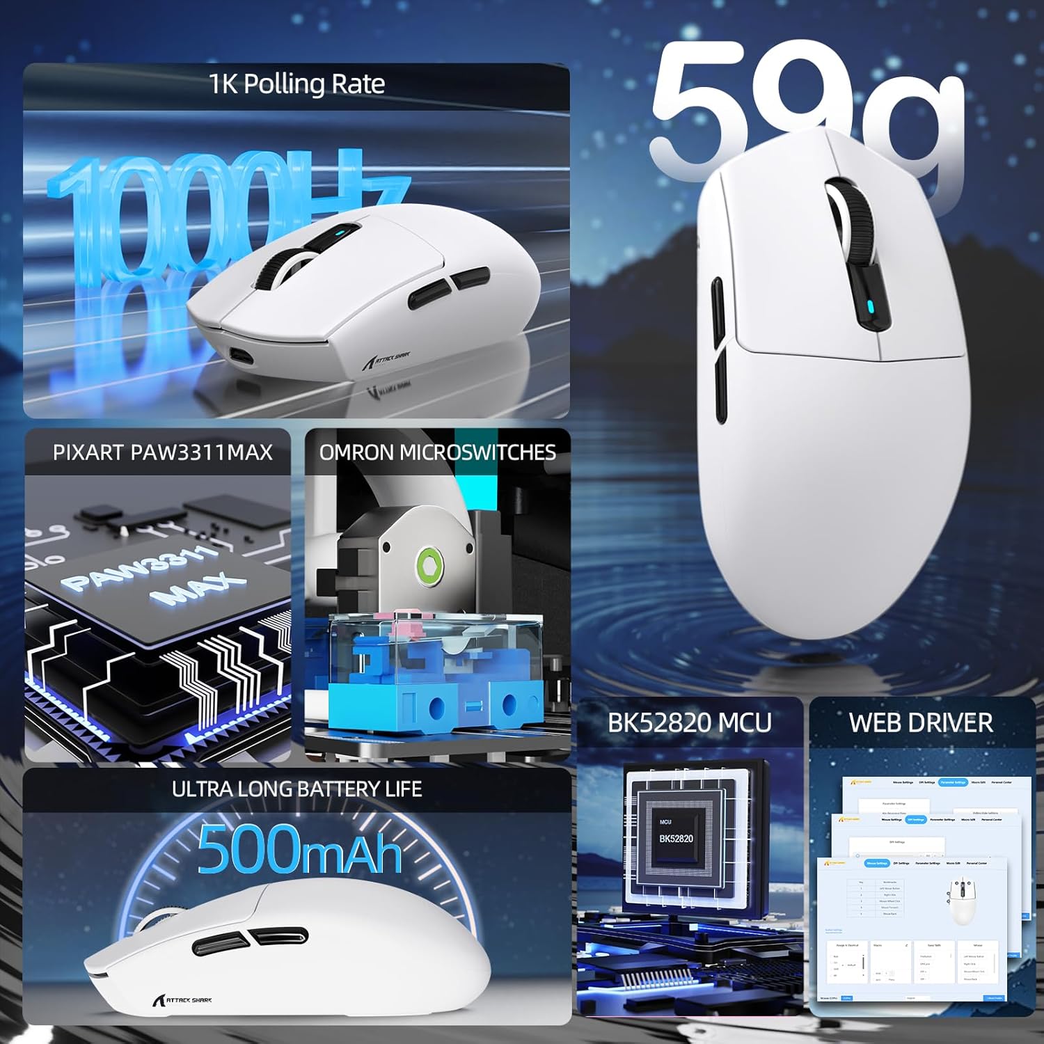 ATTACK SHARK G3PRO Tri-mode Wireless Gaming Mouse with RGB charge Dock White - موس قيمنق
