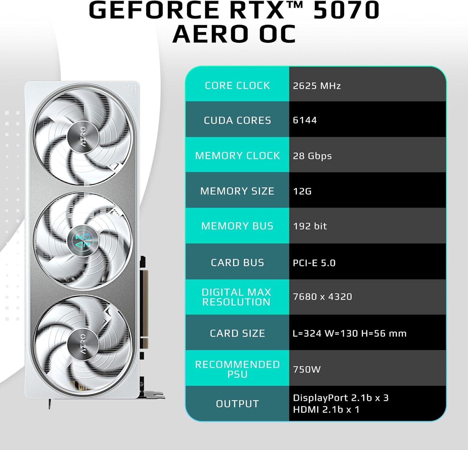 GIGABYTE GeForce RTX 5070 AERO OC 12G Graphics Card, 12GB 192-bit GDDR7, PCIe 5.0 - White - كرت شاشه أبيض