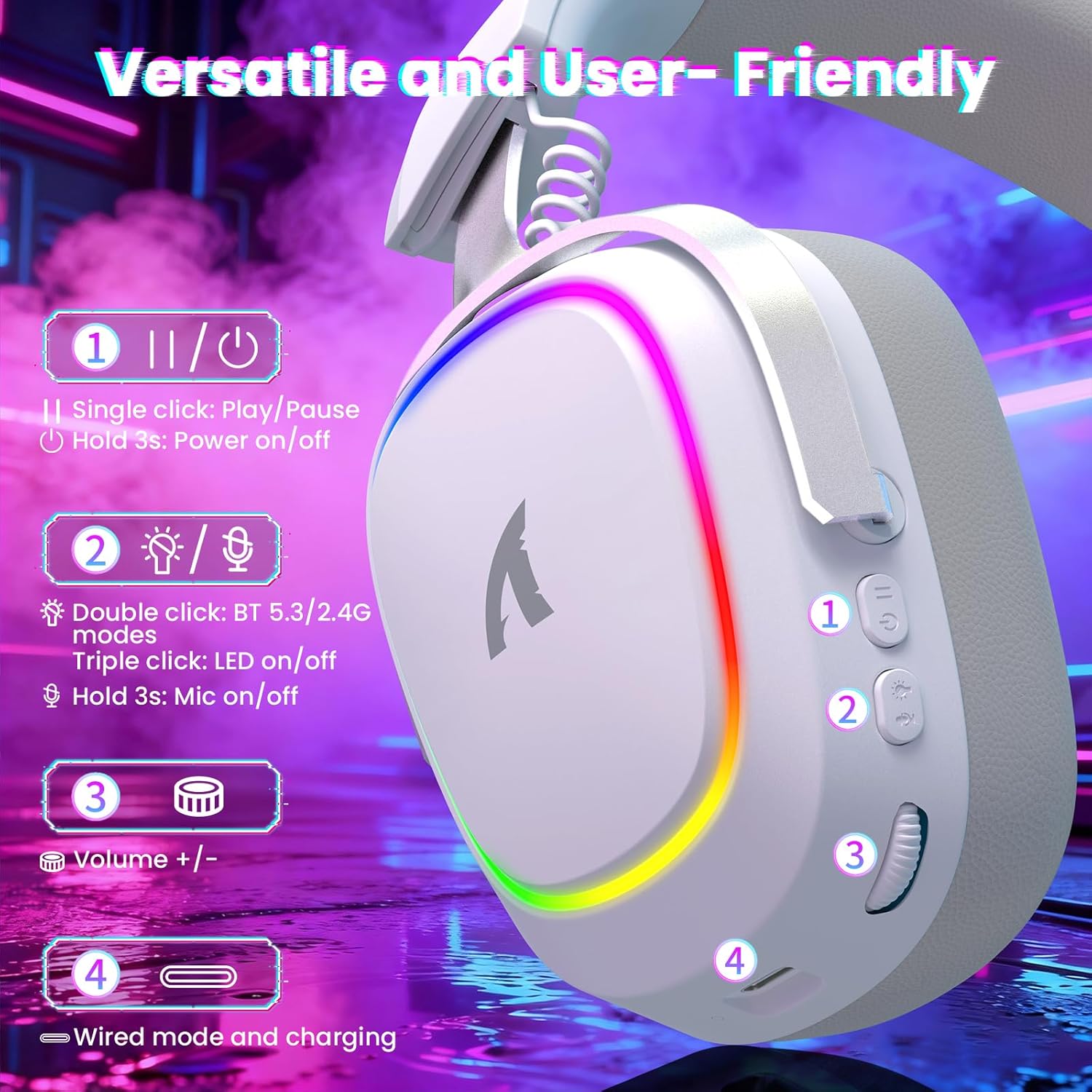 ATTACK SHARK G800 Wireless Gaming Headset, 7.1 Surround Sound White -  سماعة محيطية لا سلكية بيضاء