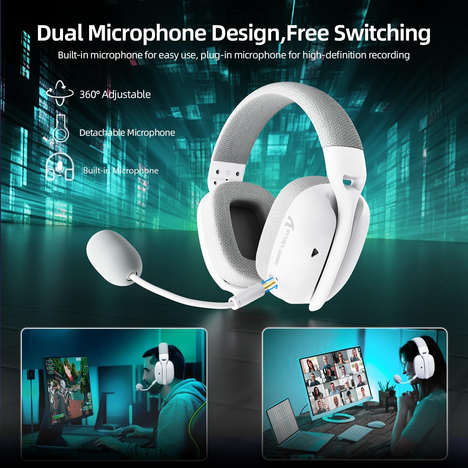 ATTACK SHARK L80PRO Wireless Gaming Headset Lightseed Tech- Built-in&Detachable Dual Microphone-Lightweight Headphone with Tri-Mode(2.4GHz USB C&A Dongle/BT/Wired)-for PC Mac Switch Win-White - سماعة قيمنق وايرليس