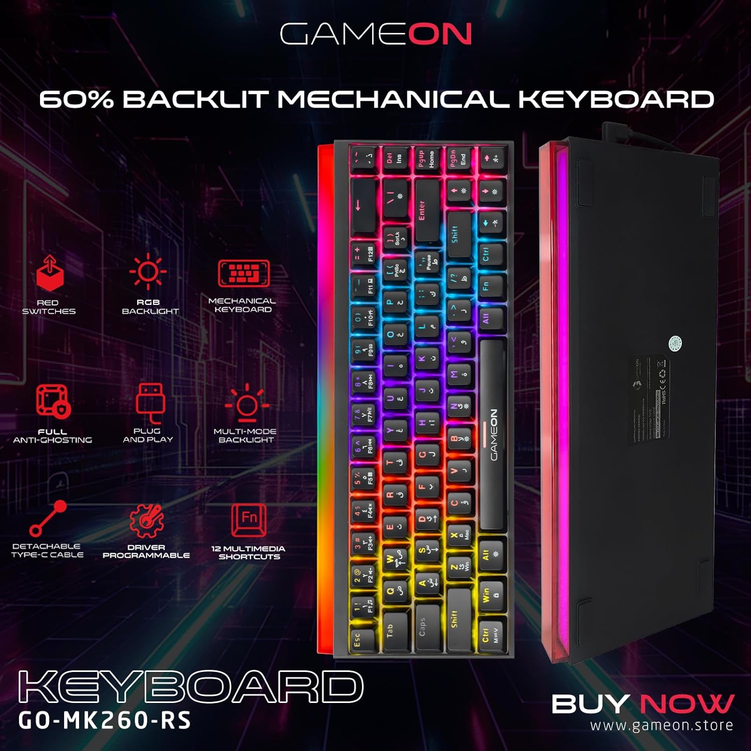 GAMEON PRIMEX Series GO-MK260-RS 60% RGB Mechanical Wired Gaming Keyboard with Customization Software, Red Switch - English & Arabic - كيبورد عربي