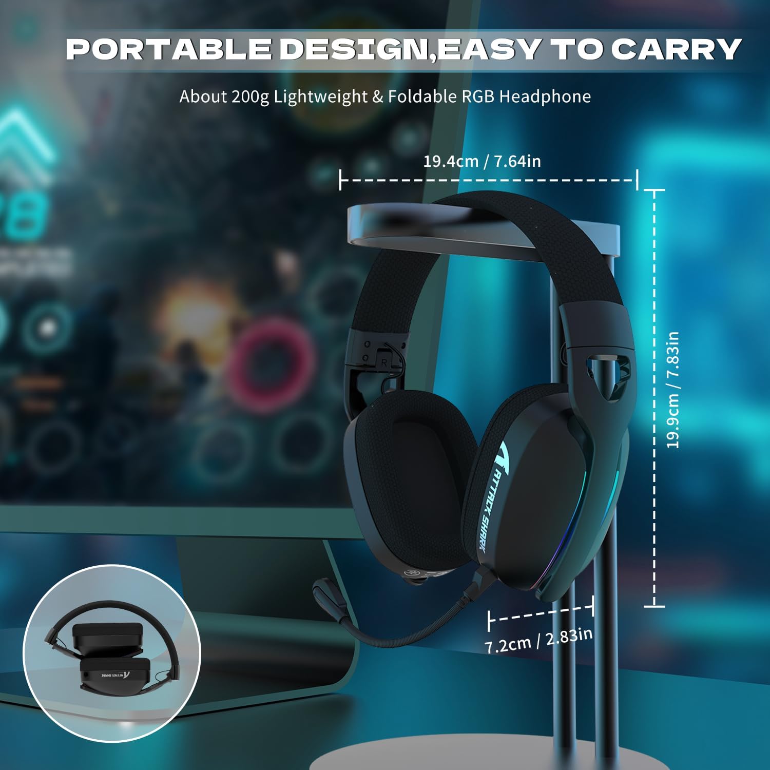 ATTACK SHARK L90 Ultra-Light Wireless Headset,RGB,Foldable,Triple- Mode-2.4Ghz/Bluetooth/Wired Gaming Headphone with mic,40mm Driver,7.1 Surround Sound,for Xbox/PS4/PS5/PC Customize via Software-Black - سماعة قيمنق وايرليس