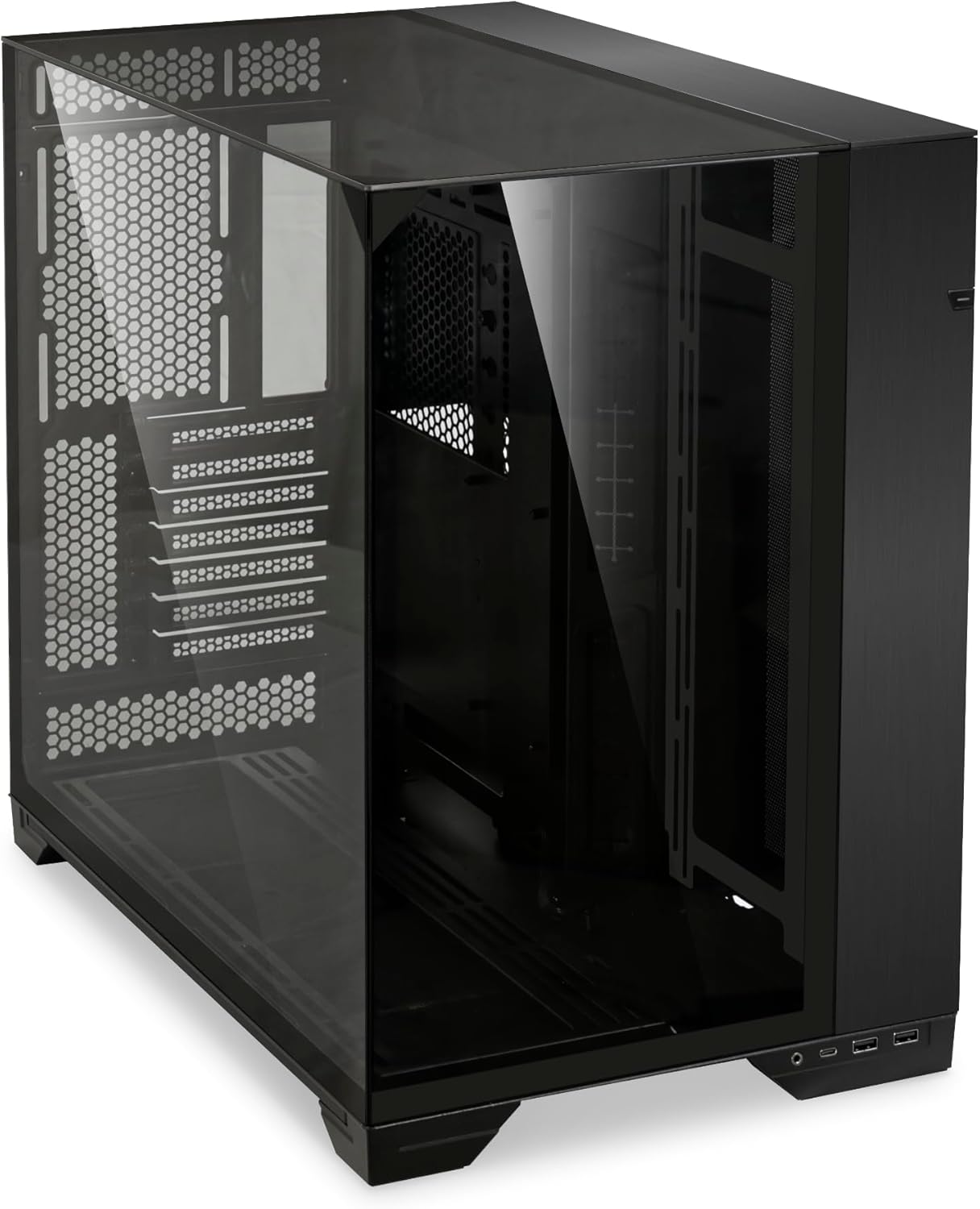 Lian Li O11 Vision-M PC Case White mATX, 140mm Fan, Triple Tempered Glass, Dual-Chamber, Supports 360mm AIO & ATX PSUs Black - كيس أسود