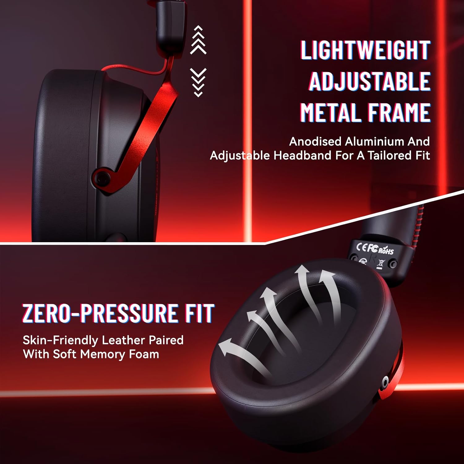 ATTACK SHARK L30PRO Wireless Gaming Headset, 7.1 Surround Sound Black Red - سماعة محيطية لا سلكية
