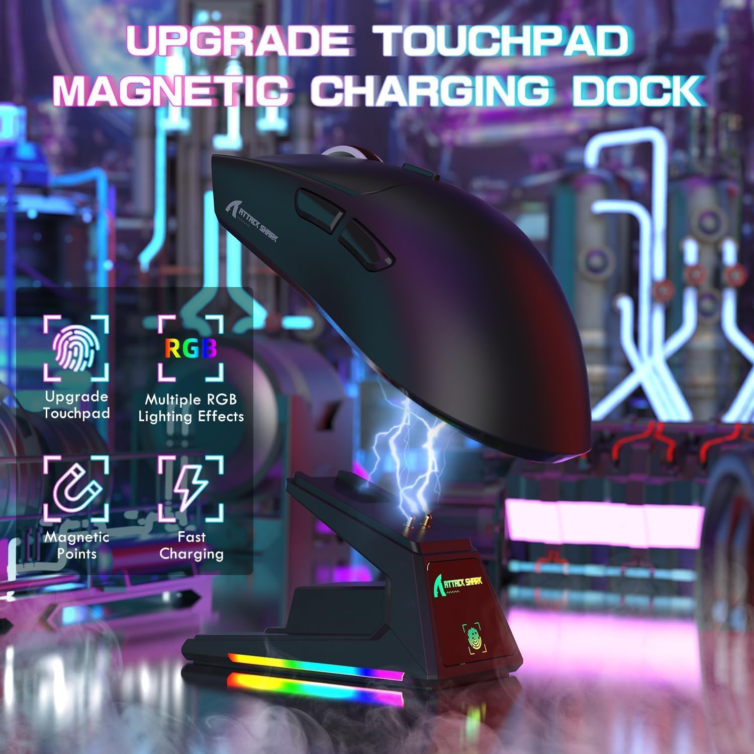 ATTACK SHARK X1 Tri-mode Gaming Mouse With Touchpad RGB Charging Dock Black - ماوس ممتاز مع شاحن بالبصمة