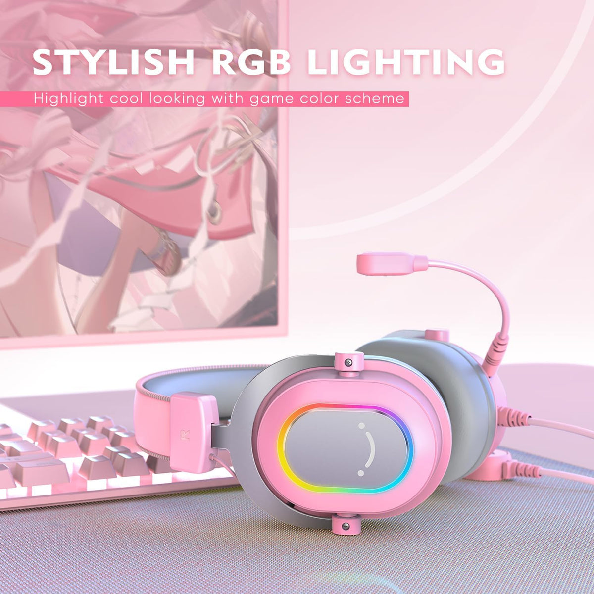 FIFINE AmpliGame H6 USB Wired RGB Gaming Headset (7.1 Virtual Surround Sound, 24-Bit Audio, 3 EQ Modes, Detachable Mic) Pink - سماعة