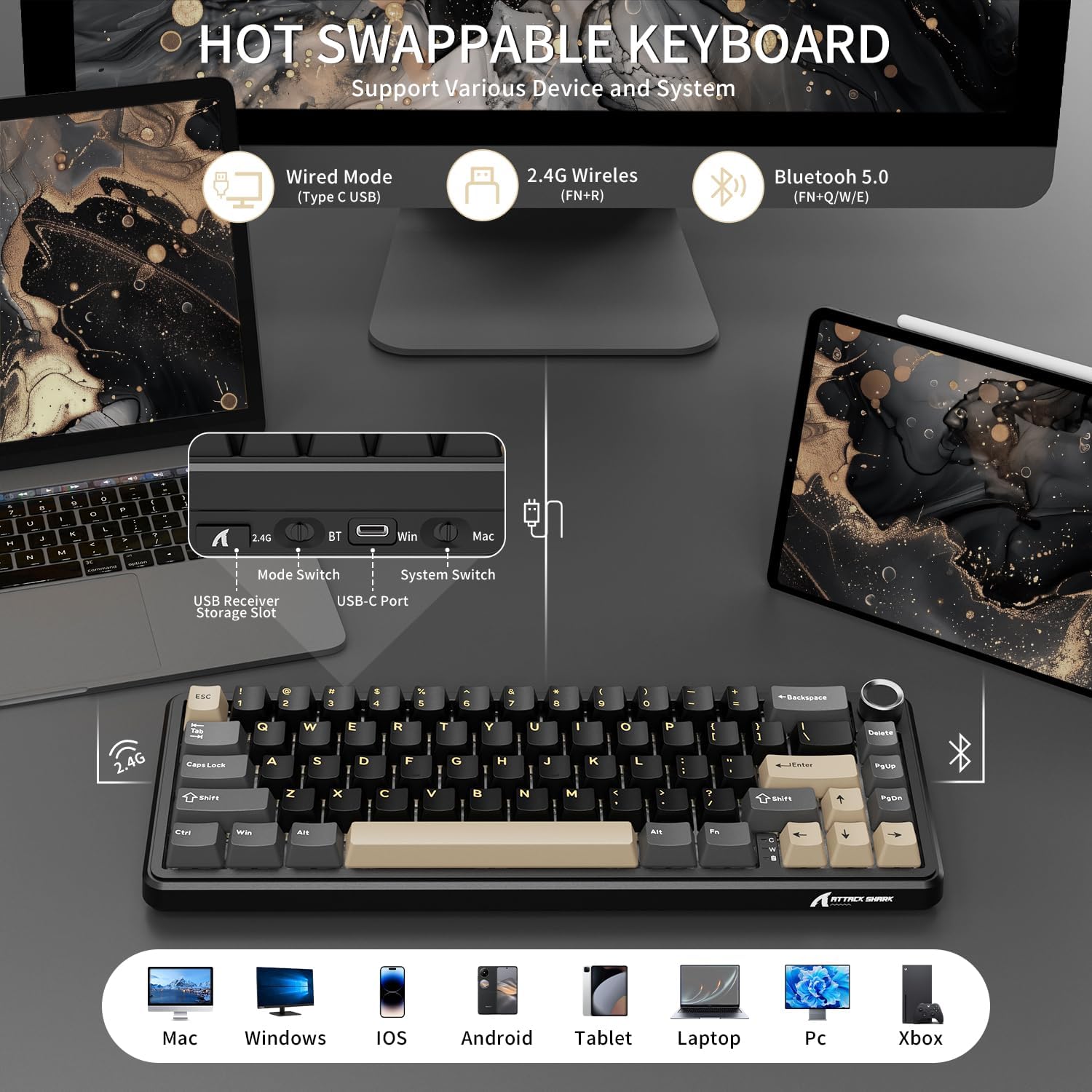 Attack Shark X66 Wireless Mechanical Gaming Keyboard RGB 3 Mode – Black - كايبورد قيمينغ وايرلس