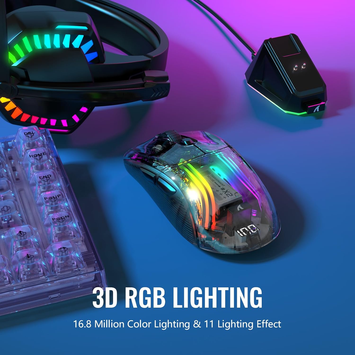 ATTACK SHARK X2 Pro Wireless Gaming Mouse with RGB Charging Dock,Tri-Mode PC Gaming Mice 2.4G/Bluetooth/Wired,Noiseless Mouse RGB Backlit,Transparent Shell,PixArt 3212 4000 DPI,for Win/MAC,Black - ماوس قيمنق