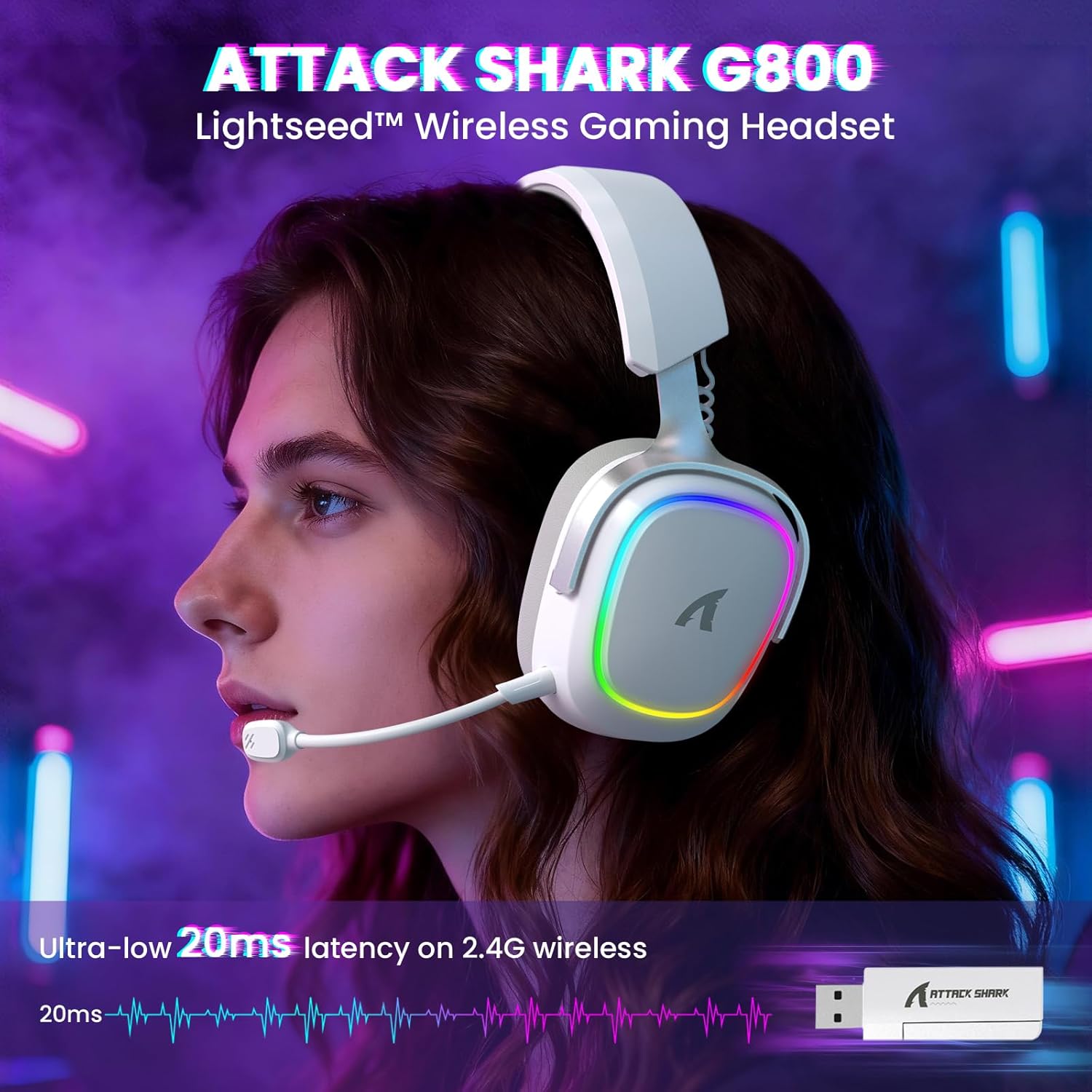 ATTACK SHARK G800 Wireless Gaming Headset, 7.1 Surround Sound White -  سماعة محيطية لا سلكية بيضاء