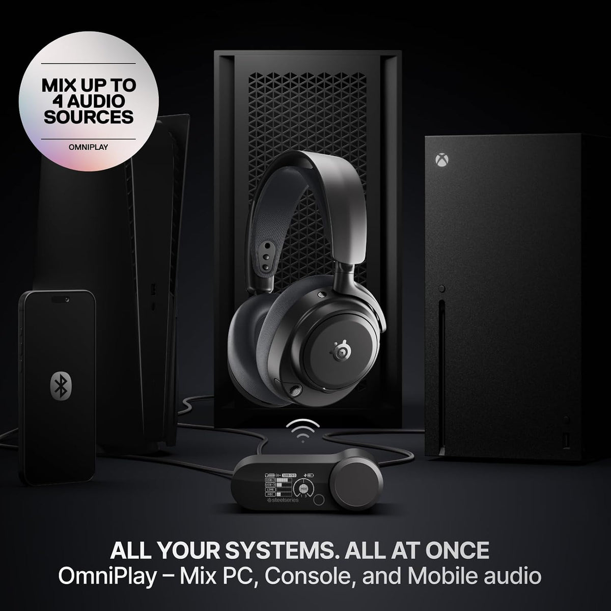 SteelSeries Arctis Nova Pro Omni Black Multi-System Wireless Gaming Headset – Active Noise Cancellation, Hi-Res Audio, Hot-Swappable Batteries & GameHub OLED سماعة لا سلكية احترافية