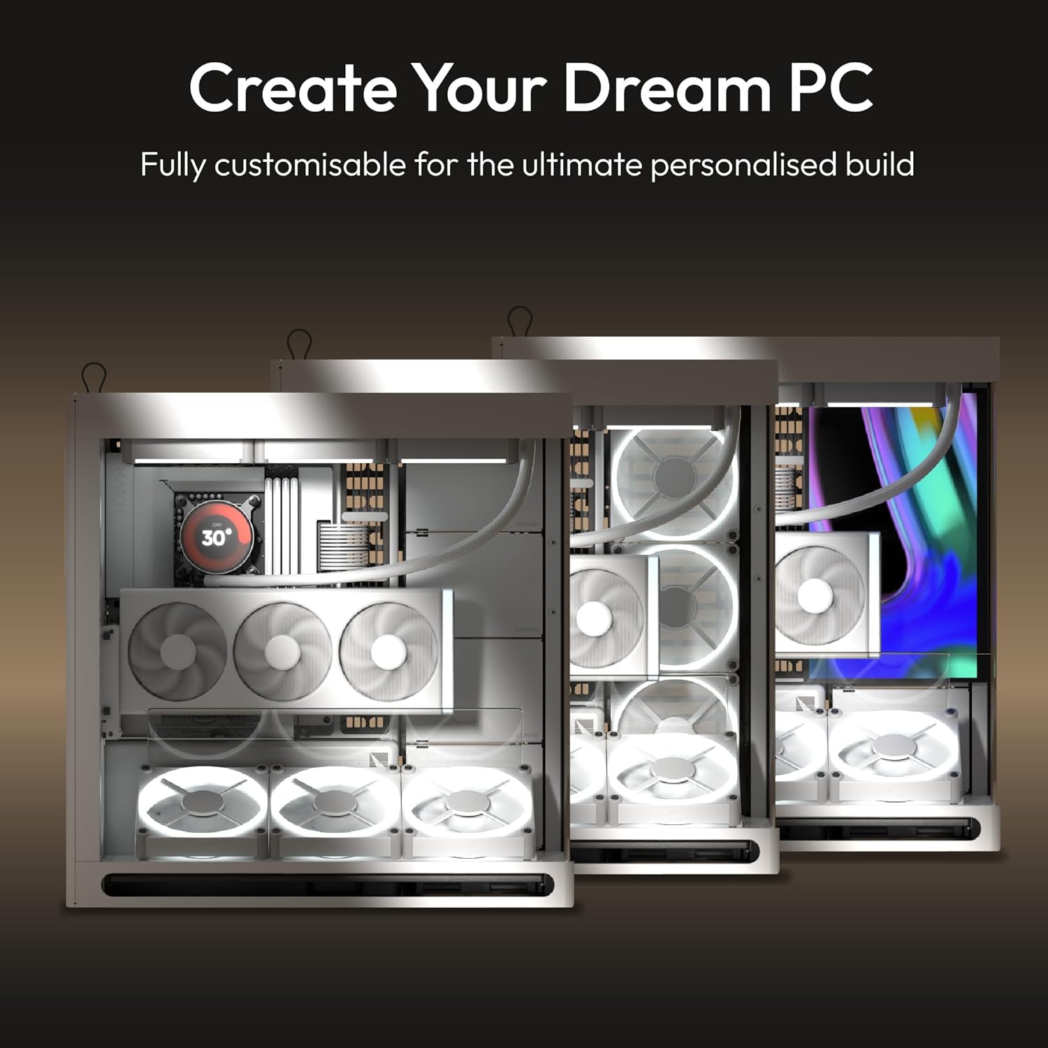 HAVN HS 420 VGPU Dual-Chamber Mid Tower ATX PC Case White | PCIe 5.0 Vertical GPU Kit, 11x 140mm Fan Slots & 2X 420mm Radiator Support, SimpliCable Cable Management, Tempered Glass, PWM Fan Hu - كيس ابيض