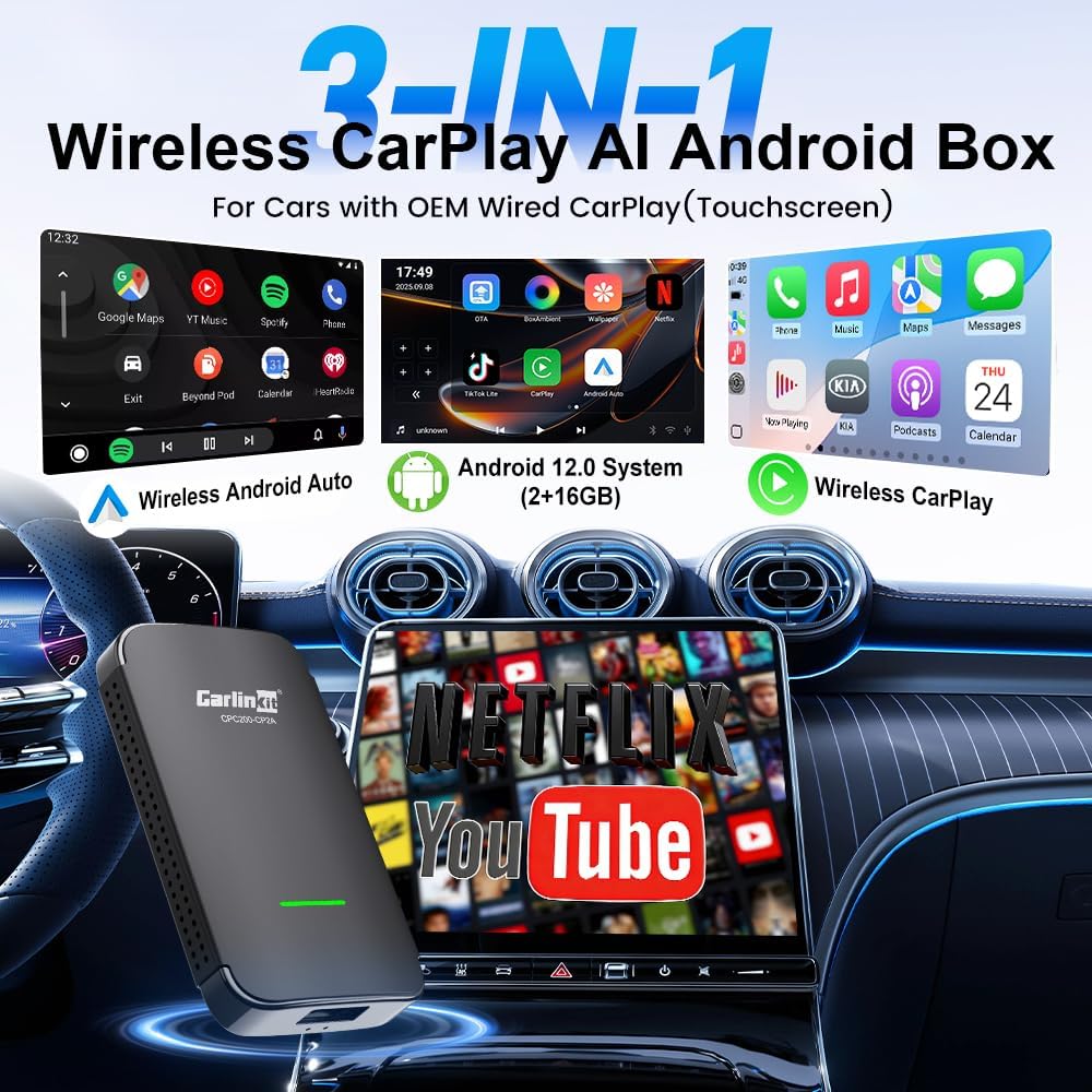 Carlinkit CP2A Pro Adapter – Converts Factory Wired CarPlay to Wireless CarPlay & Android Auto (5.8GHz Dual-Band, USB-A / Type-C) - قطعة تحويل الكاربلاي الى لاسلكي