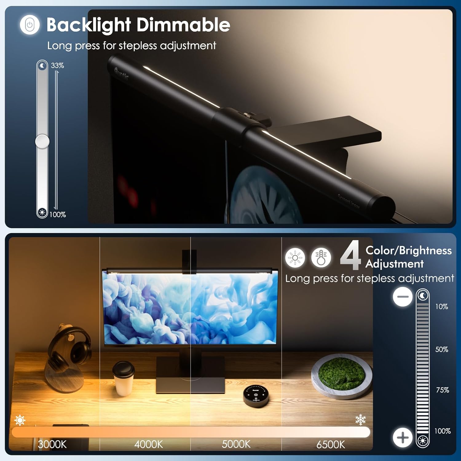 Quntis Computer Monitor Light Bar Dual Light Bar with Remote , Eye-Care, Gray - شريط إضائة للشاشة