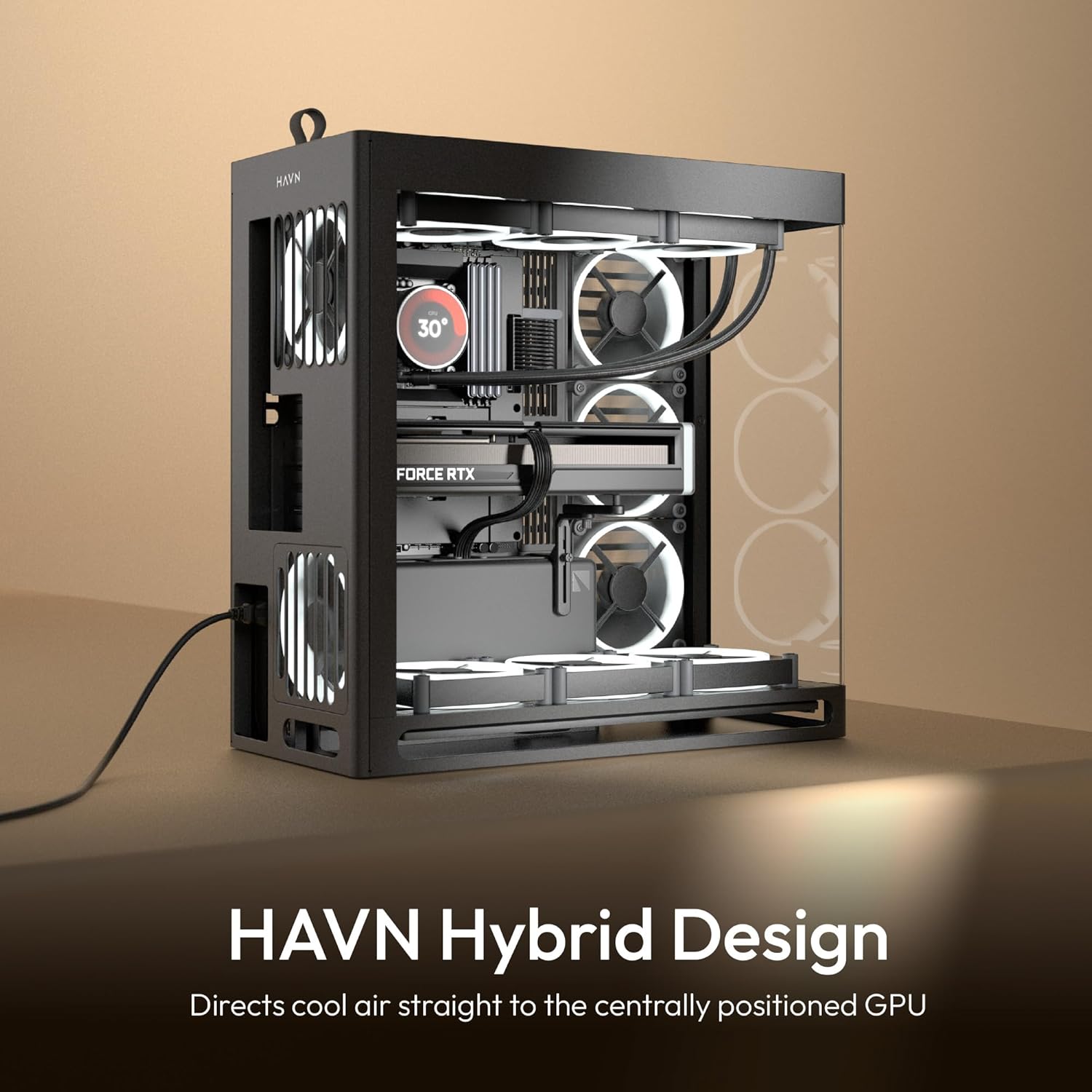 HAVN HS 420 Dual-Chamber Mid Tower PC Case ATX Black | Hybrid Design, 11x 140mm Fan Slots & 3X 420mm Radiator Support, SimpliCable Cable Management, Tempered Glass, PWM Fan Hub -  كيس اسود