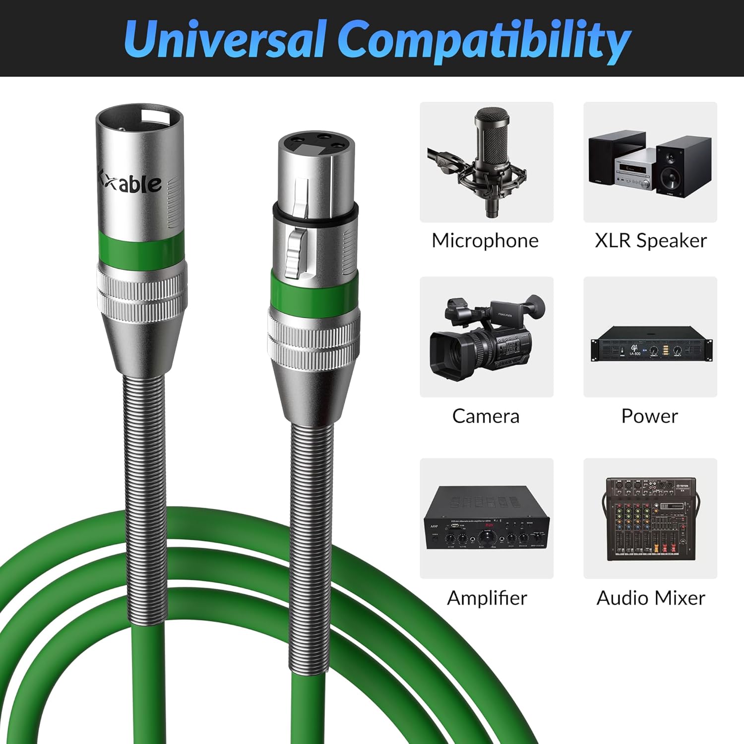 Kxable XLR Microphone Cable 8FT (2.5M) XLR Male to Female Green - كيبل أخضر