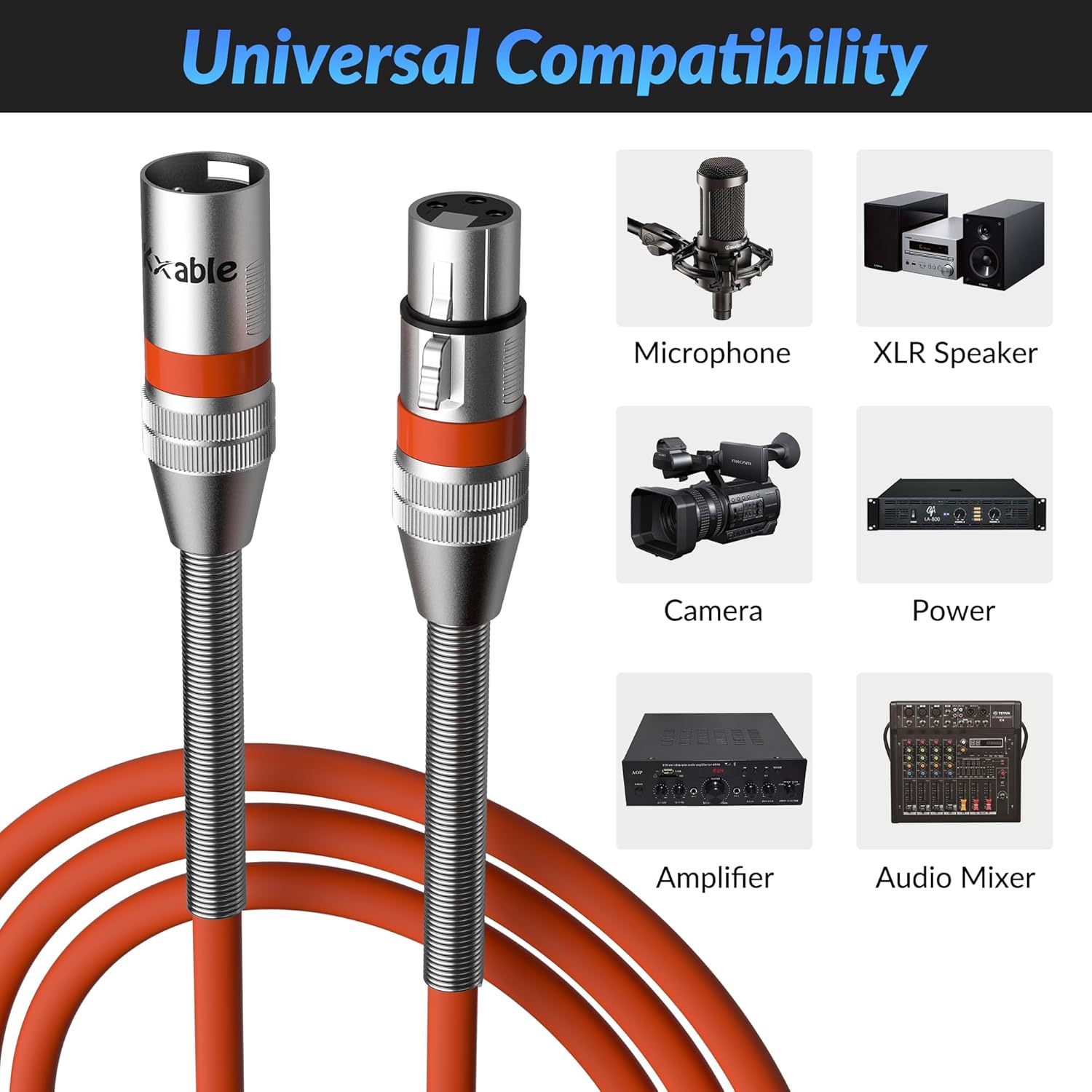 Kxable XLR Microphone Cable 8 FT (2.5M) XLR Male to Female Orange - كيبل برتقالي