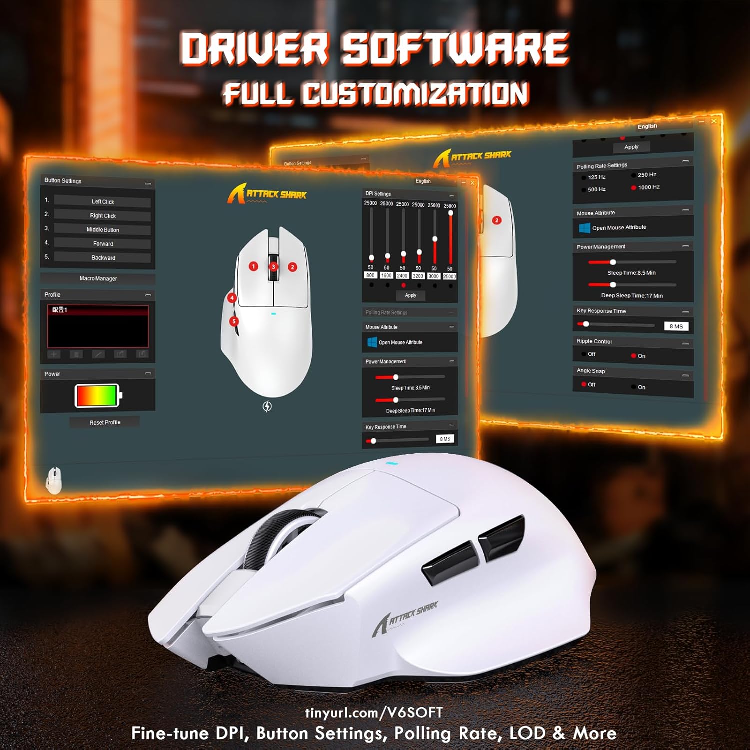ATTACK SHARK V6 Ultra-Light Tri-Mode White Gaming Mouse with RGB Magnetic Charging Dock - ماوس ممتاز مع شاحن