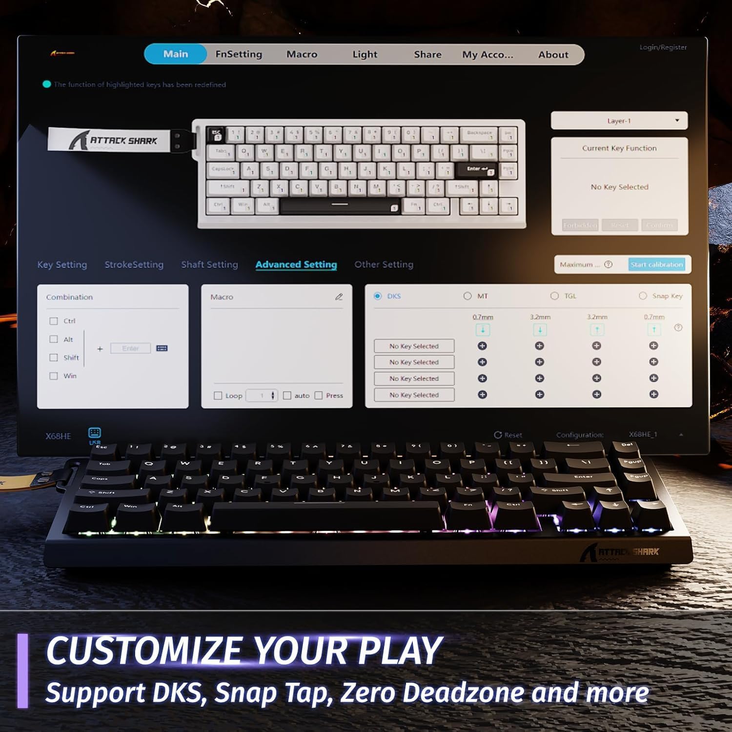 ATTACK SHARK X68 HE Rapid Trigger 60% Keyboard Magnetic Switch Black - كيبورد مغناطيسي