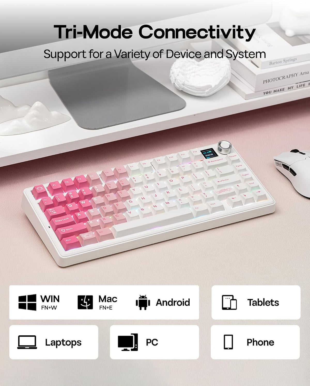 EPOMAKER x AULA F75 MAX Wireless Mechanical Keyboard (White-Pink) – 75% Gasket Mount, Tri-Mode, Hot-Swappable & RGB Knob - كيبورد ميكانيكي مع شاشة