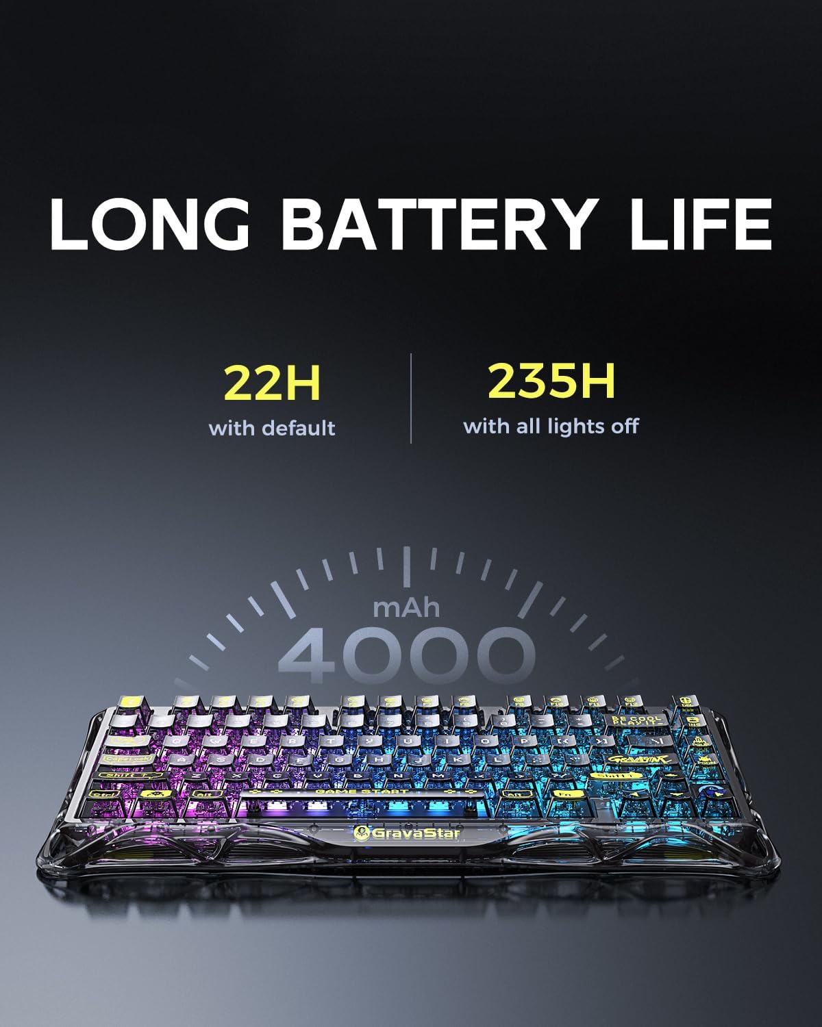 GravaStar Mercury K1 Lite 75% Gaming Keyboard, 2.4GHz/BT/Wired Tri-Mode Wireless Keyboard, Gasket Hot Swappable Mechanical Keyboard, Pre-lubed Linear Switches, RGB Backlit (Transparent Black)-كيبورد وايرليس