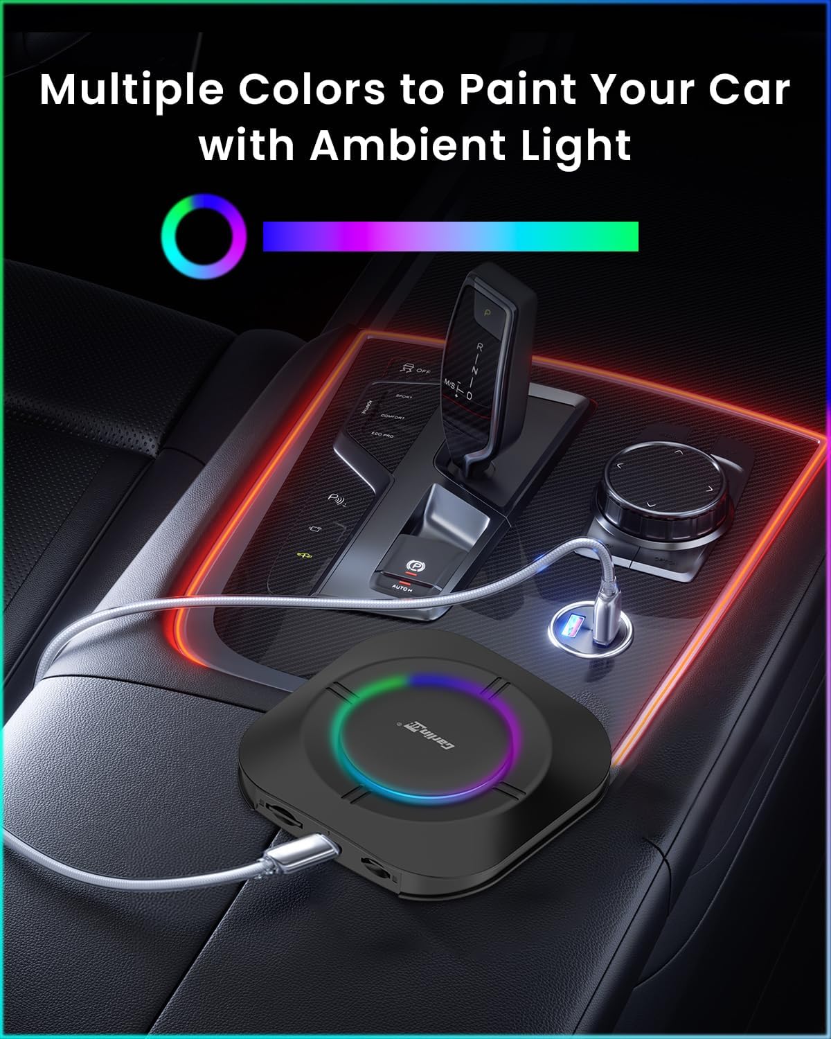 Carlinkit TBox S2 Ambient Android 13 AI Box (8GB RAM + 128GB, Qualcomm 8-Core, RGB Lighting, Wireless CarPlay & Android Auto) - قطعة تحويل شاشة الوكالة الى شاشة الاندرويد