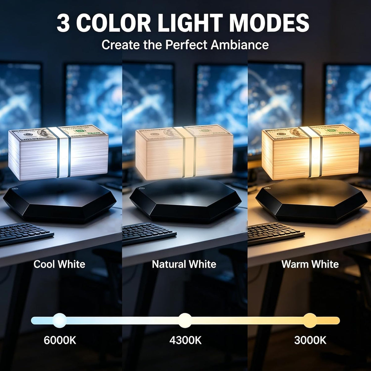 Floating Money Lamp – Magnetic Levitation Dollar Lamp with 3-Color LED Ambient Light & 360° Rotation - مصباح المال العائم