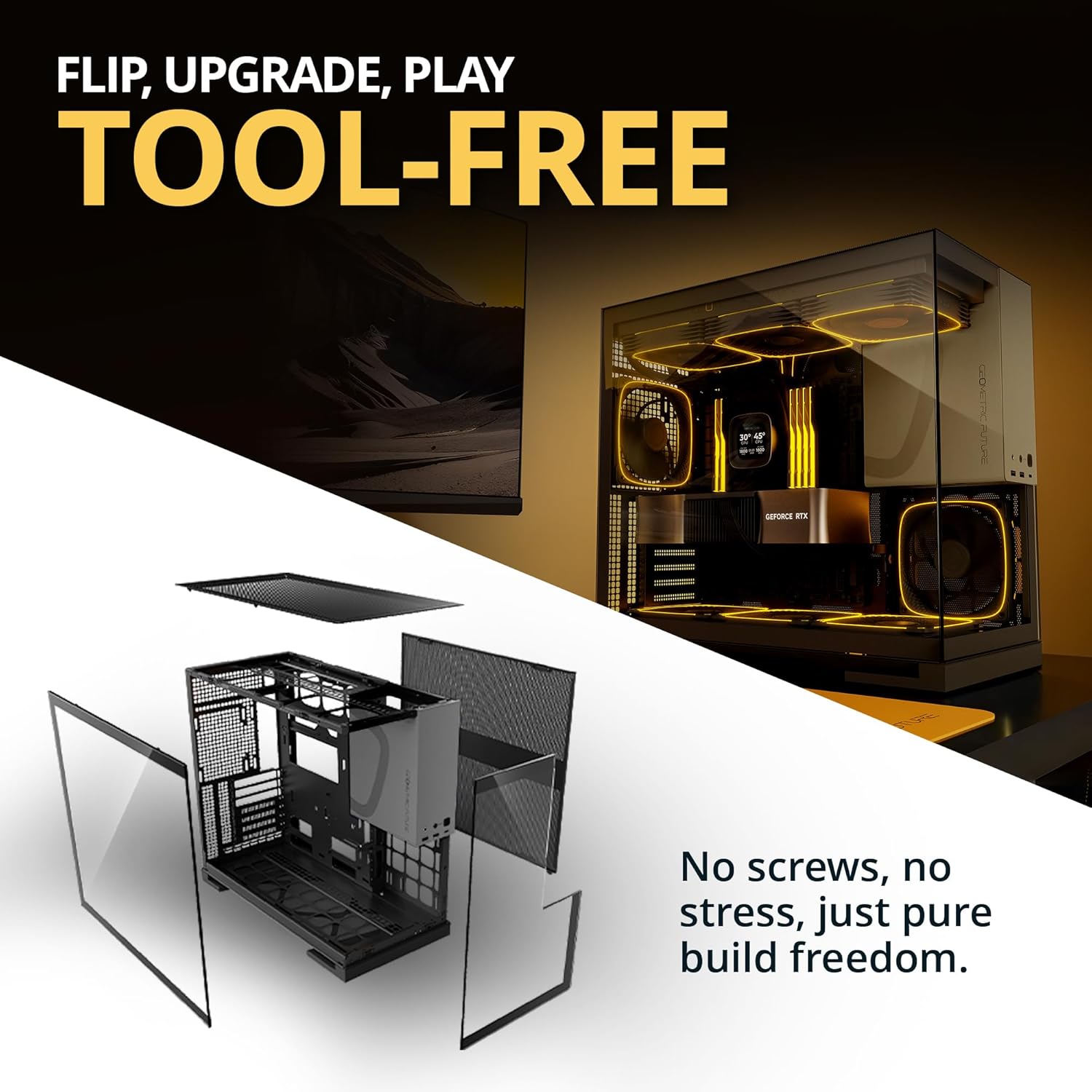 Geometric Future M5 Tempered Glass Mid Tower, E-ATX/ATX Gaming Case, 1.2mm Steel, Type C, Toolless Panels, Support 420/360 Radiator, ARGB PWM 140m Fan x 5 Pre-Installed, Black/Grey - كيس