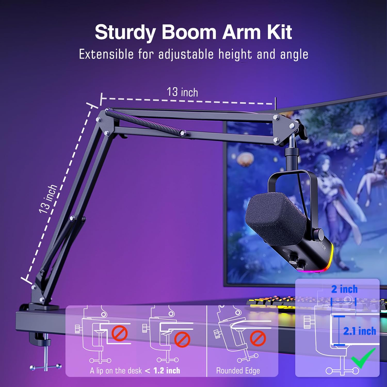 FIFINE XLR/USB Gaming Microphone Set, Dynamic PC Mic for Streaming Podcasting, Computer RGB Mic Kit with Boom Arm Stand, Mute Button, Headphones Jack, for Recording Vocal Voice-Over-AmpliGame AM8T - مايك مع ستاند