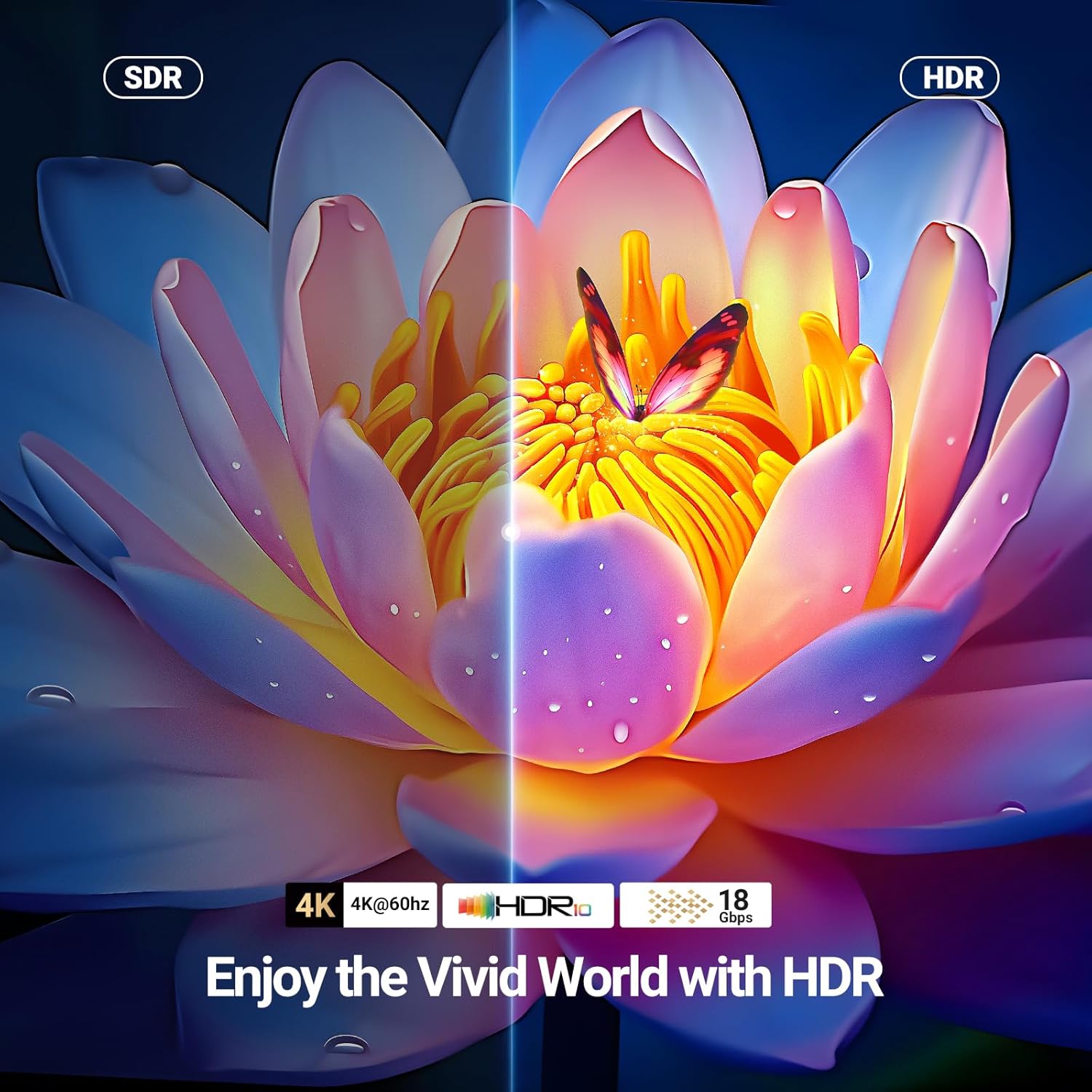 Vivid 4K HDR gaming monitor display comparing SDR vs HDR with lotus flower, 4K@60Hz, HDR10, 18Gbps
