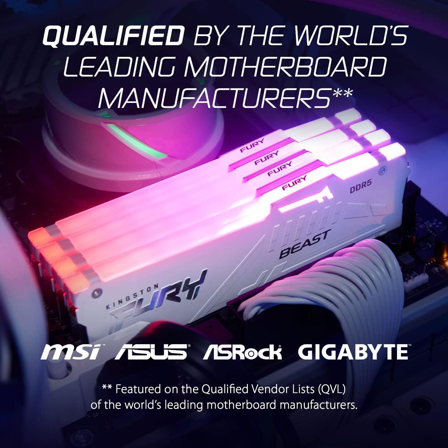 Kingston Fury Beast 64GB (4x16GB) DDR5 6000MT/s CL40 FURY Beast White RGB XMP - الذاكرة العشوائية