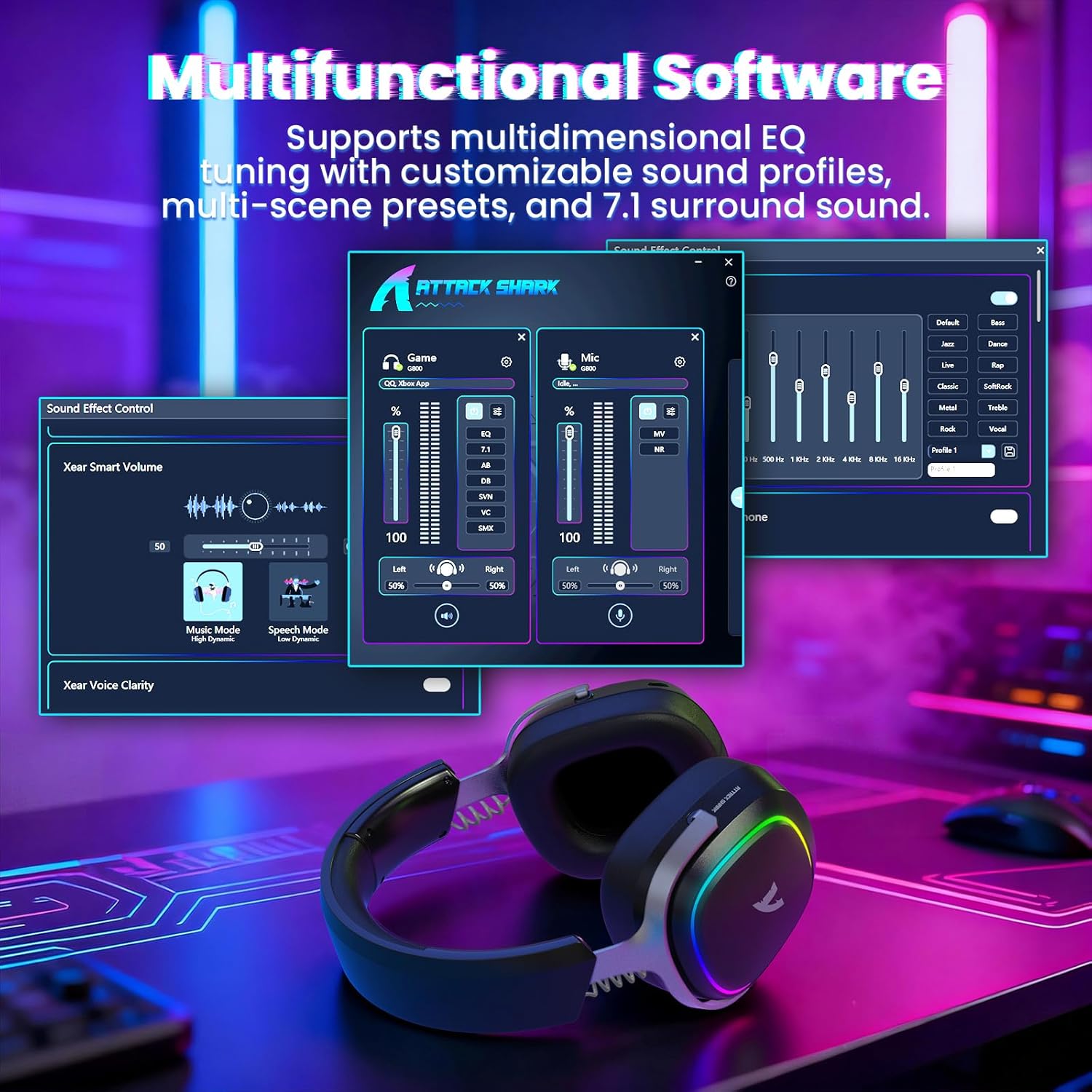 ATTACK SHARK G800 Wireless Gaming Headset, 7.1 Surround Sound Black - سماعة محيطية لا سلكية