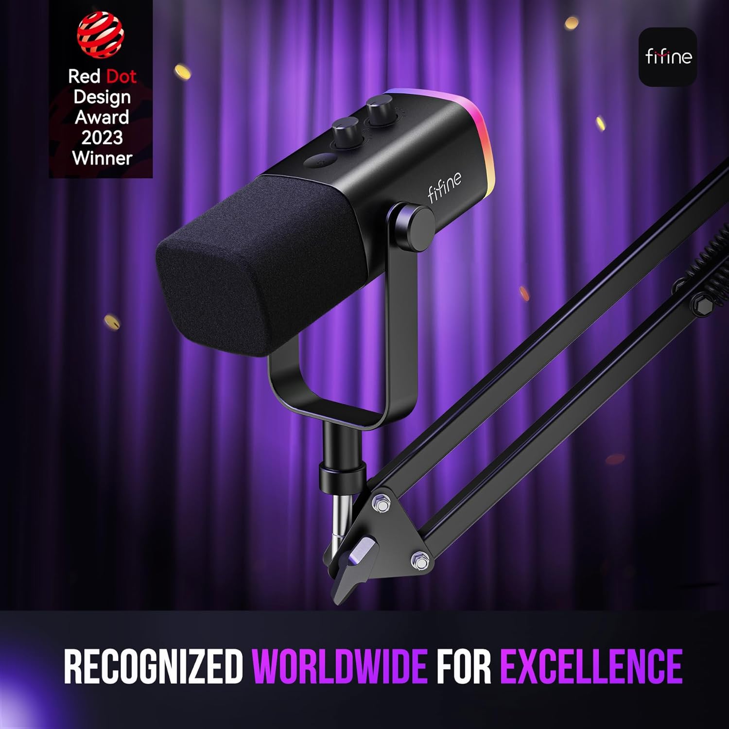 FIFINE XLR/USB Gaming Microphone Set, Dynamic PC Mic for Streaming Podcasting, Computer RGB Mic Kit with Boom Arm Stand, Mute Button, Headphones Jack, for Recording Vocal Voice-Over-AmpliGame AM8T - مايك مع ستاند