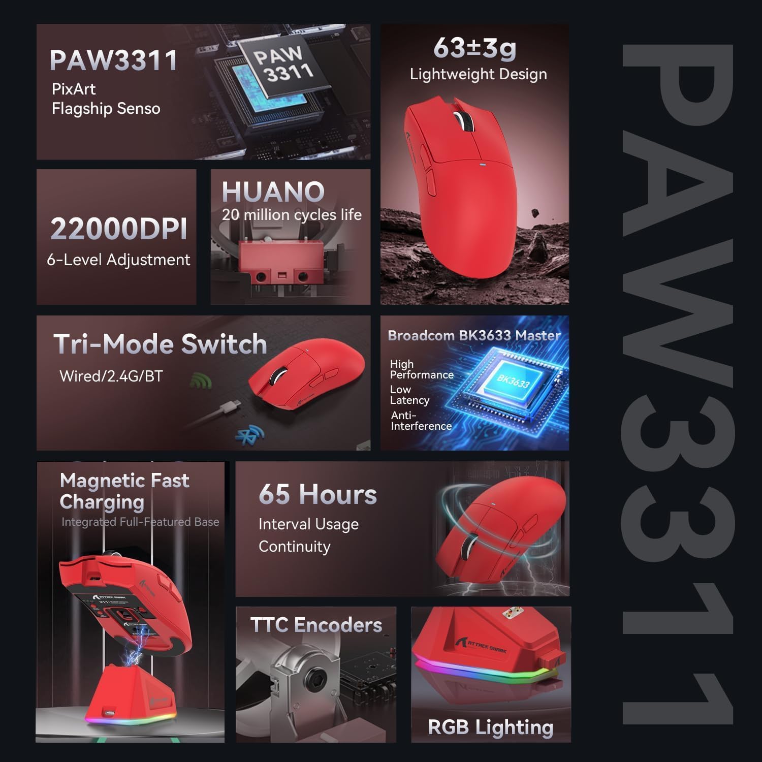 ATTACK SHARK X11 Wireless Gaming Mouse with Charging Dock Red with tape - ماوس قيمينق أحمر