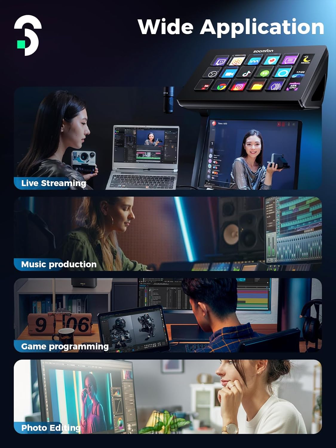 Stream Controller - SOOMFON Stream Control Deck with 15 LCD Macro Keys Customizable to Trigger Actions in OBS Twitch YouTube Compatible with PC & Mac for Content Creators Streaming Gaming - ستريم ديك